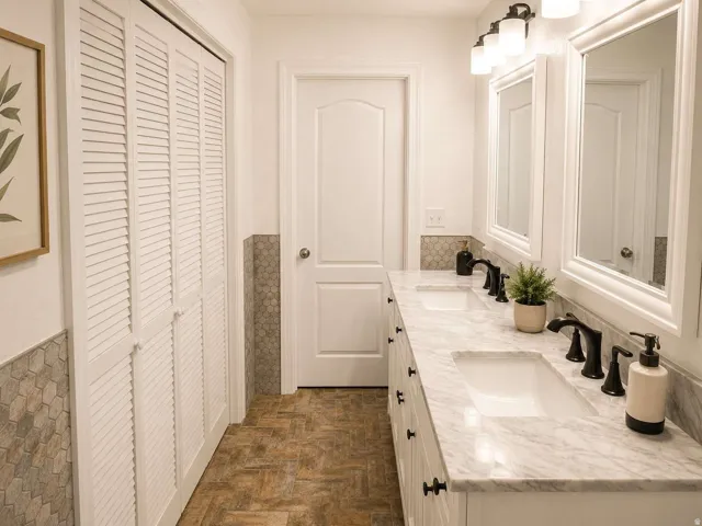 Double vanity with white cabinetry and integrated sinks