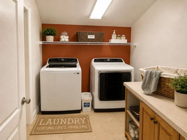 Laundry area with tile flooring, built-in cabinetry, and countertop space