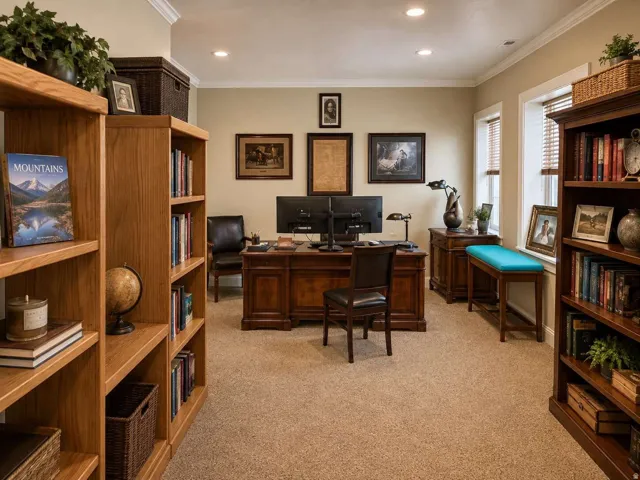 Recessed lighting illuminates a spacious room featuring crown molding, carpeted flooring, and window blinds
