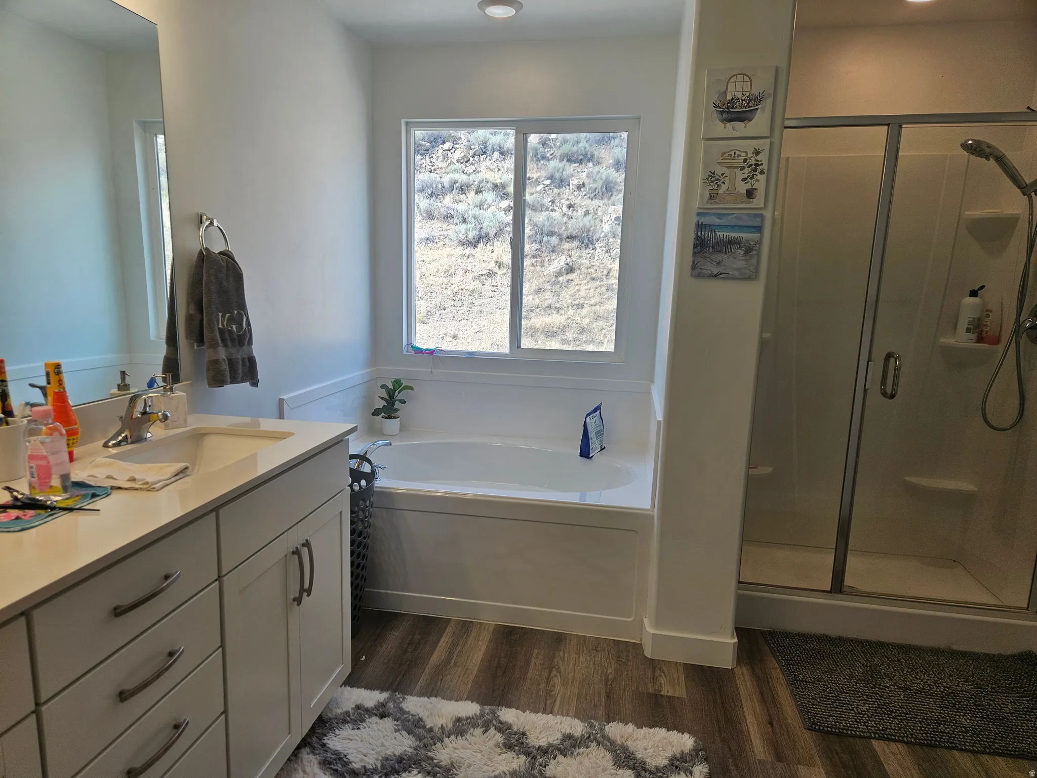 Spacious bathroom featuring a white vanity with ample storage, a built-in soaking tub, a separate glass-enclosed shower, and wood-finish flooring