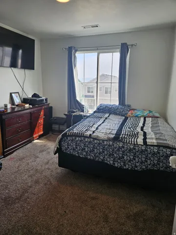 Carpeted room featuring a ceiling-mounted light fixture and a window with vertical blinds