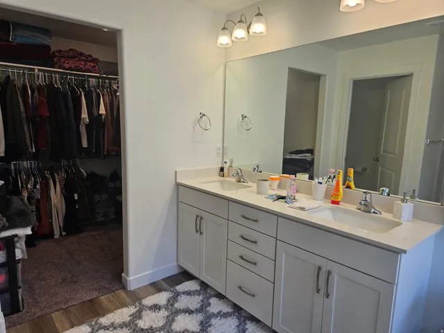 Dual vanity with integrated sinks, recessed lighting, expansive wall mirror, wood-finish flooring, and a walk-in closet