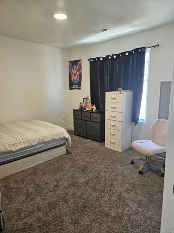 Recessed ceiling lighting, carpeted flooring, and a single window