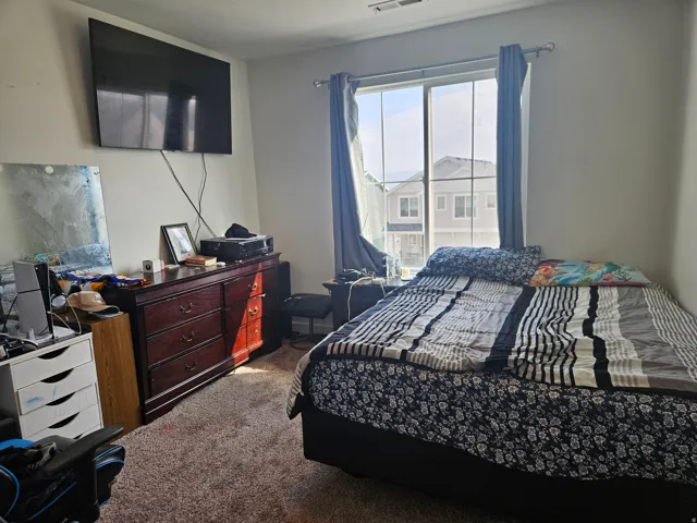 Wall-mounted television fixture, large window with natural light, and carpeted flooring