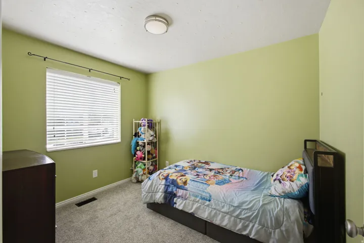 Textured carpeting, window with blinds, wall-mounted light fixture, and painted walls