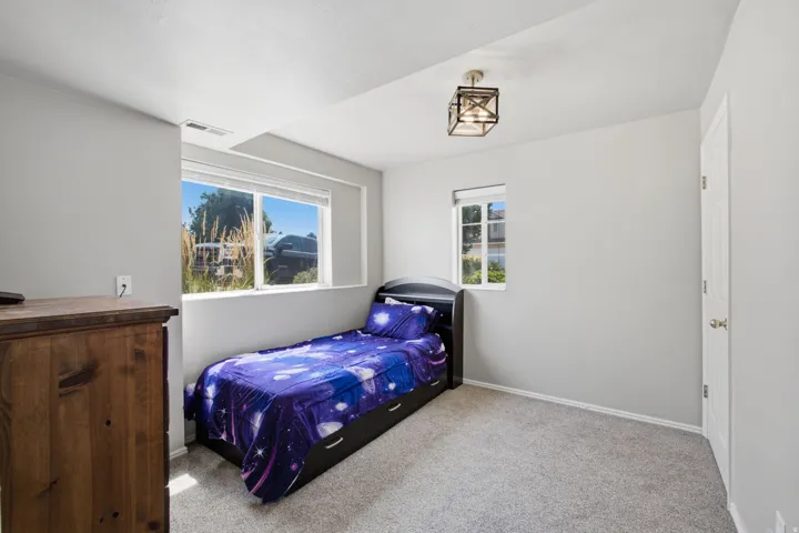 Light gray wall paint, carpeted flooring, two windows providing natural illumination, and a ceiling-mounted light fixture