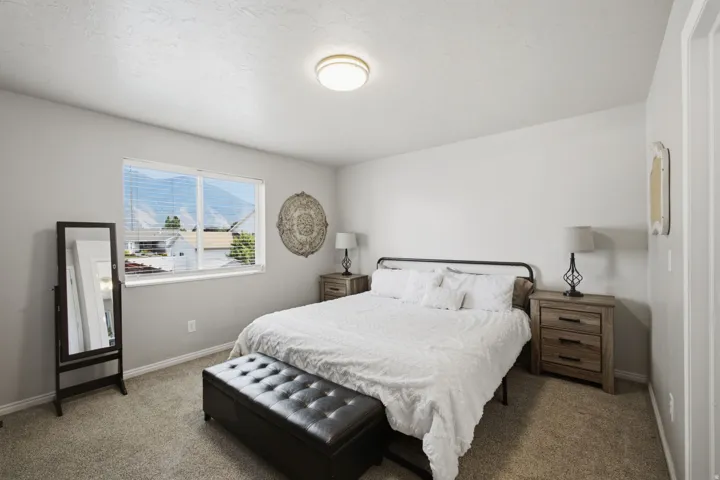 Wall-to-wall carpeting, window with horizontal blinds, built-in ceiling light fixture, and light-toned walls