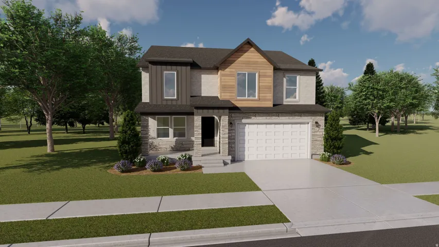 Contemporary exterior with mixed material facade, attached two-car garage, covered entry, and manicured landscaping