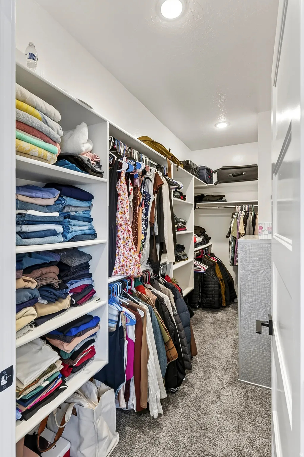 Custom-built closet system featuring extensive shelving, multiple hanging rods, recessed lighting, and grey carpeting