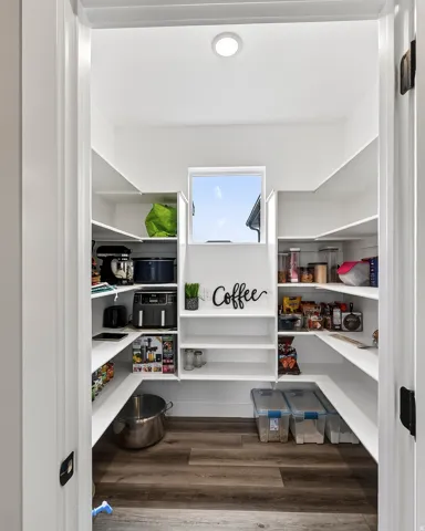 Walk-in pantry featuring extensive built-in shelving, wood-finish flooring, and a recessed ceiling light