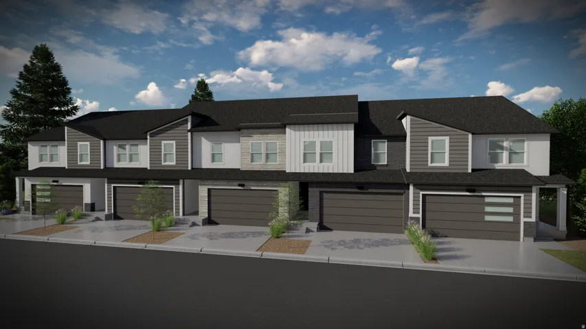 Modern townhome exterior featuring multi-toned siding, dark garage doors, and an asphalt shingle roof