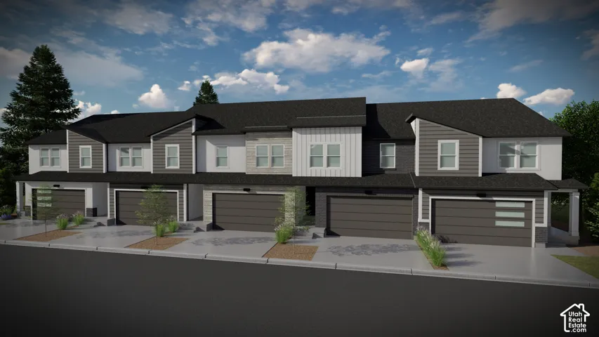 Modern townhome exterior featuring multi-toned siding, dark garage doors, and an asphalt shingle roof