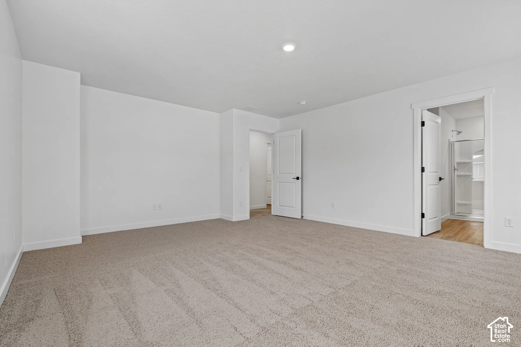 Expansive carpeted room featuring a white interior and recessed lighting