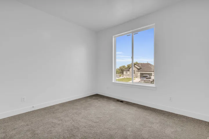 Neutral wall finishes, white trim, and gray carpeting