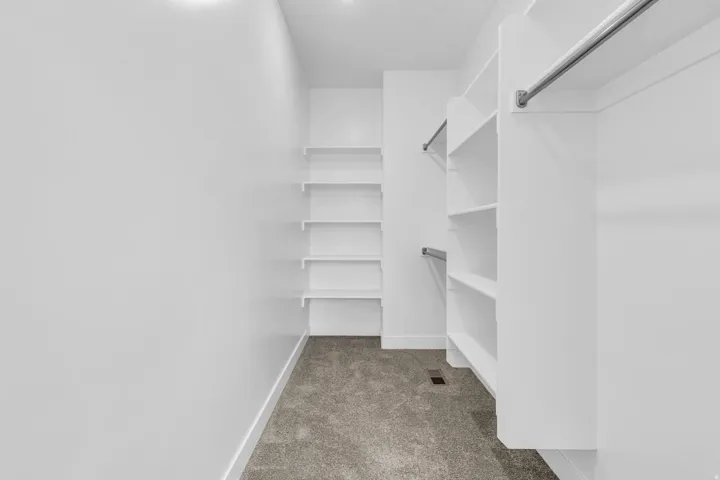 Recessed lighting, built-in shelving, carpet flooring, and clothing rods