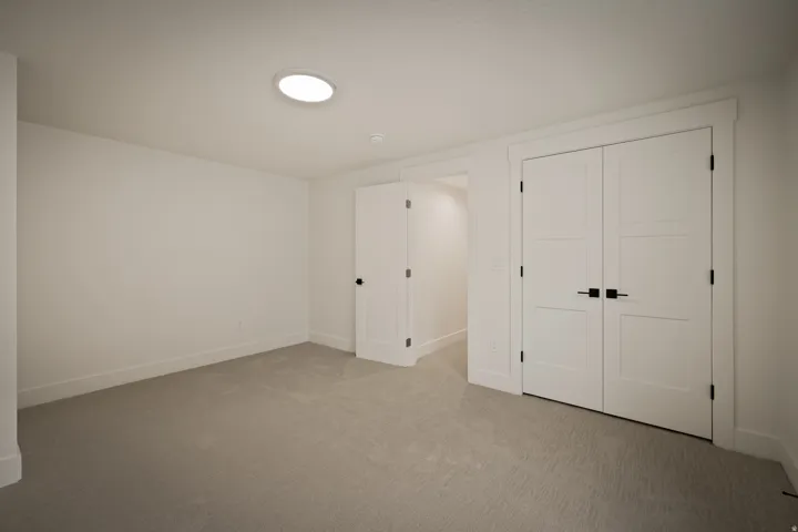 Neutral-toned carpeting, white walls, and a prominent ceiling light fixture