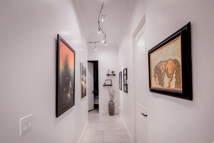 Recessed lighting and track lighting illuminate a hallway featuring light-toned flooring, crown molding, and white paneled doors