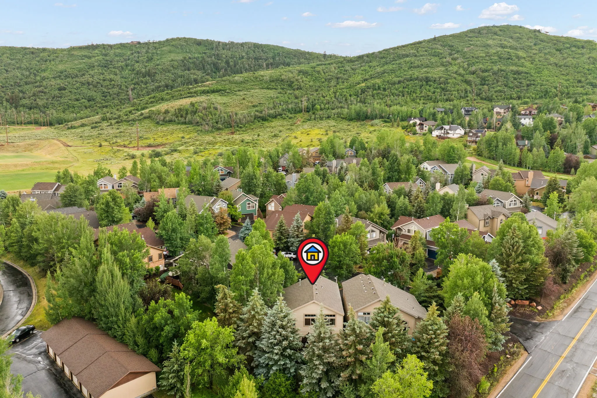 Aerial perspective showcasing a residential community nestled among abundant mature trees