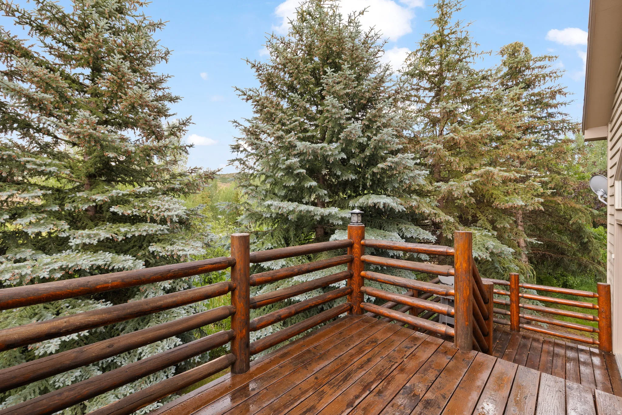 Expansive wood deck with natural log railings, featuring a built-in outdoor light fixture and surrounded by mature evergreen trees