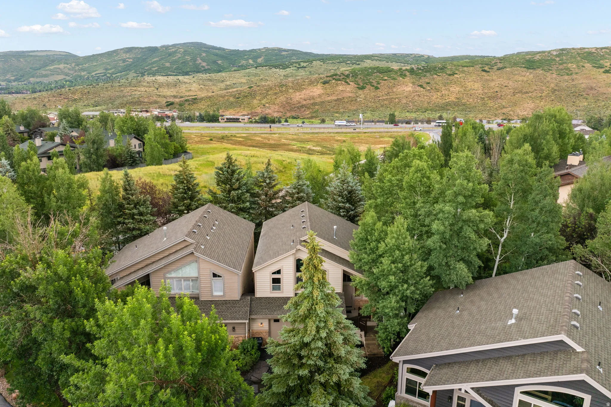 Contemporary property featuring multiple rooflines, extensive surrounding tree canopy, and a mountain backdrop