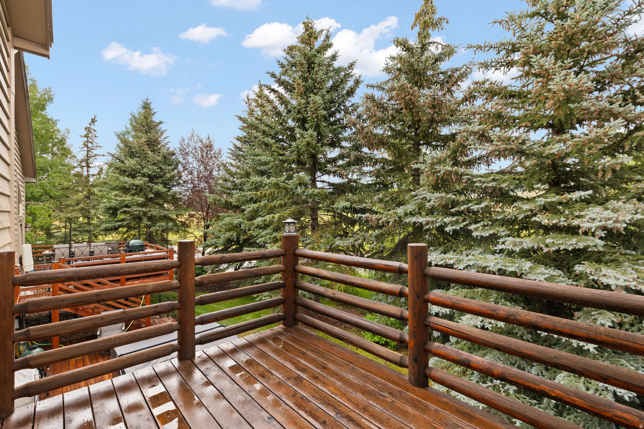Multi-level wood deck featuring rustic log railings and abundant surrounding evergreen trees