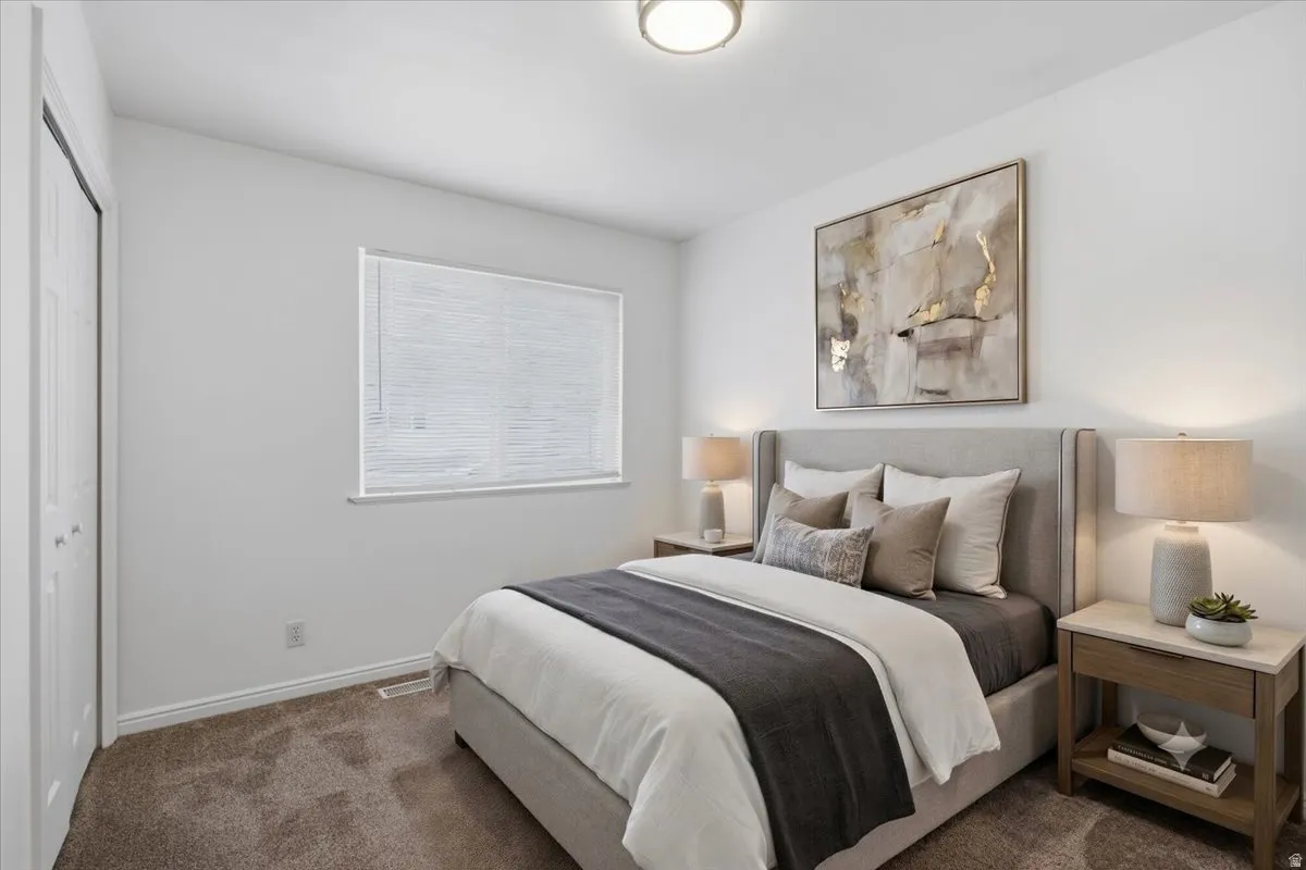 White walls, plush carpet flooring, a window with blinds, and a ceiling-mounted light fixture