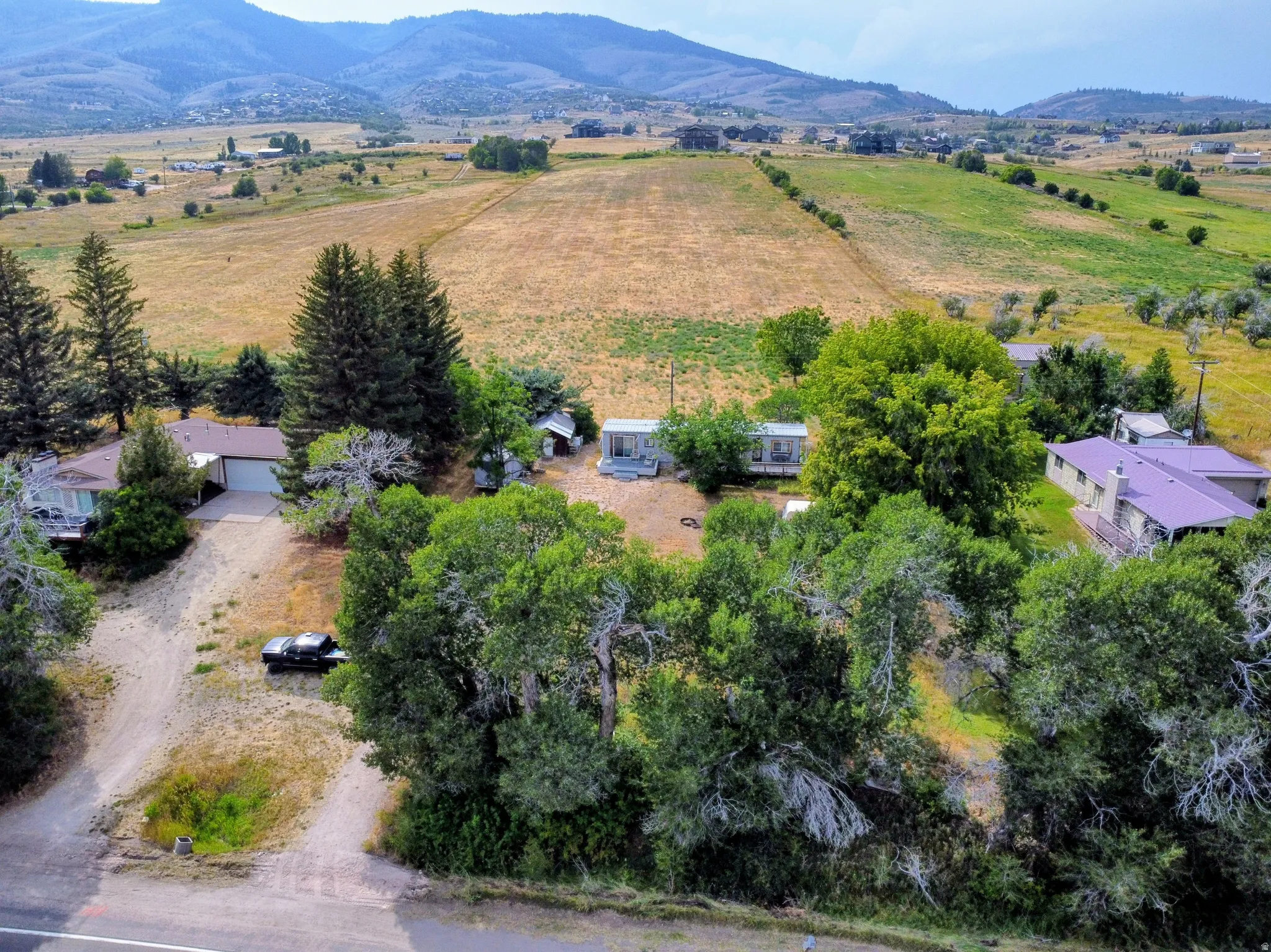 Expansive property featuring multiple structures, mature trees, and natural landscaping