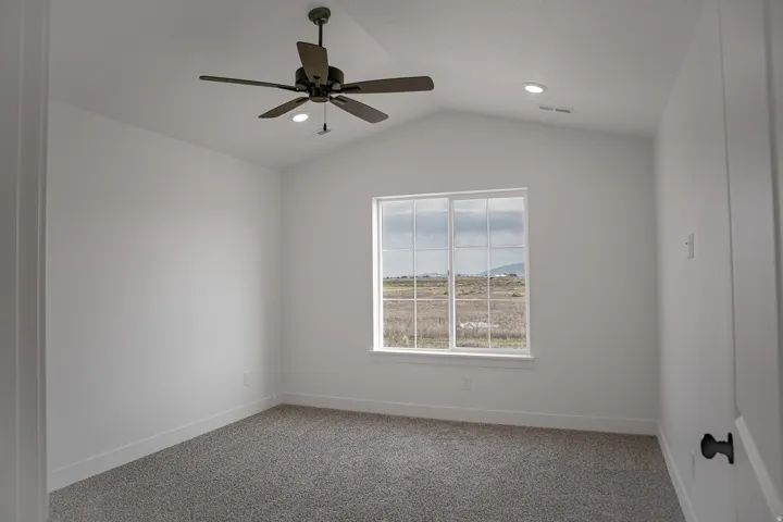Primary bedroom with vaulted ceiling