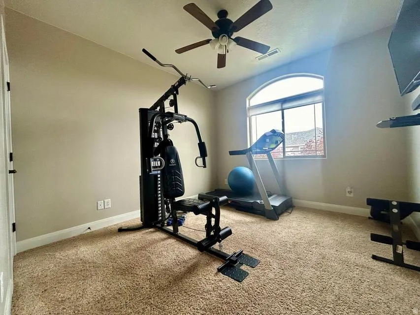 Arched window with a white frame, overhead ceiling fan, and carpeted flooring