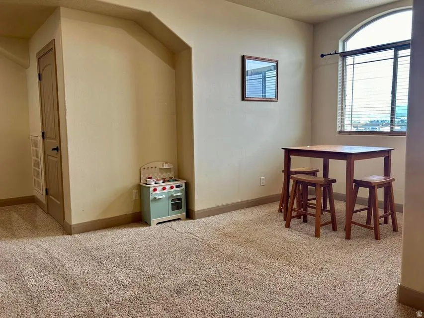 Arched window with blinds, carpeted flooring, and a recessed wall niche