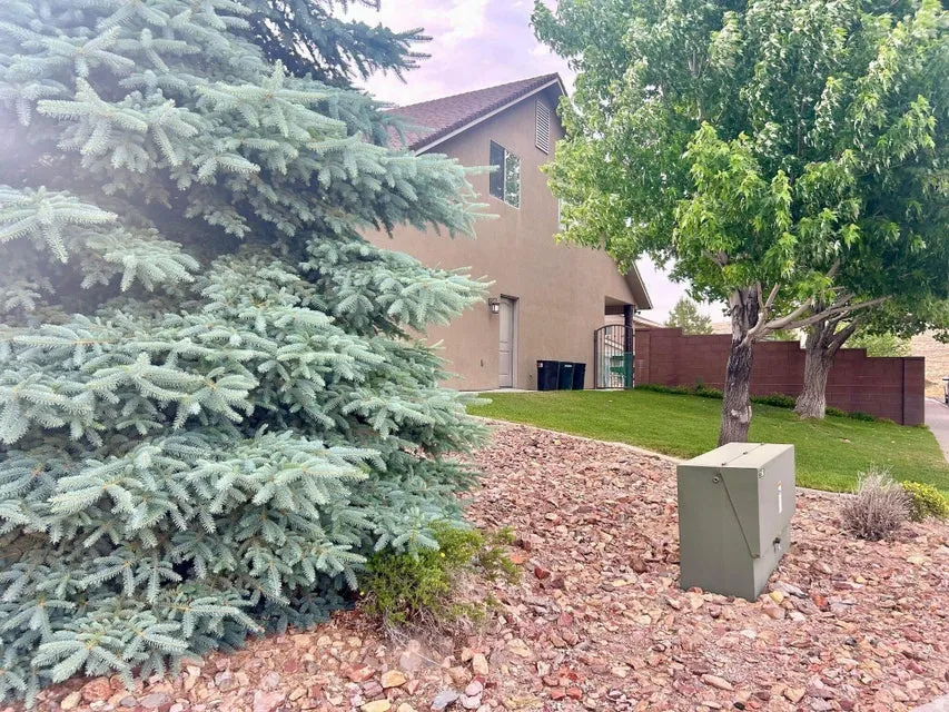 Mature evergreen tree, established deciduous trees, stucco exterior, sloped lawn, and rock landscaping