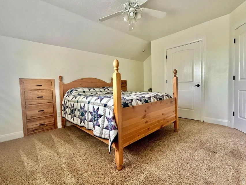Carpeted room featuring a ceiling fan, white paneled doors, and angled ceiling details