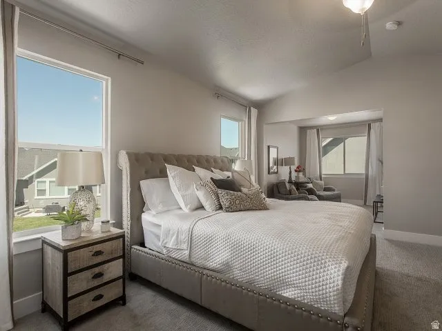 Vaulted ceilings, large windows, and neutral carpet flooring. *Pictures of model home. Colors and finishes may vary.