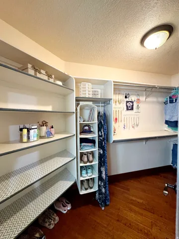 Built-in shelving units, integrated hanging rods, flush-mount ceiling light, and wood-finish flooring