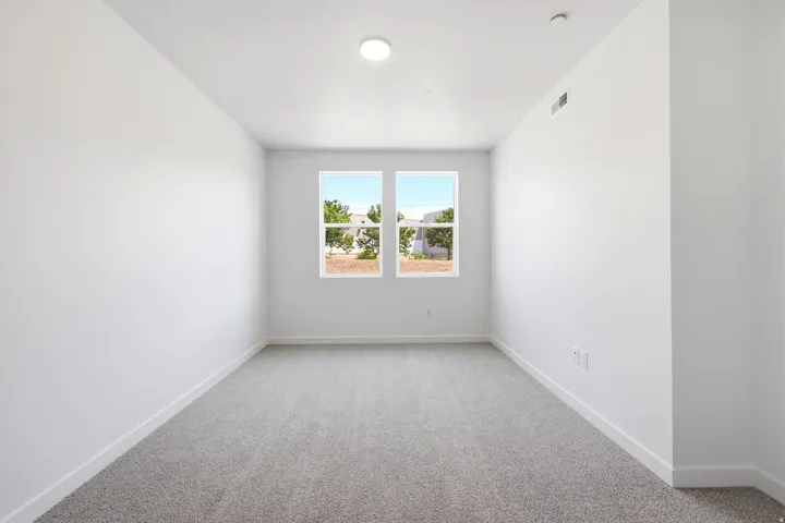 White walls, gray carpet, and a pair of windows