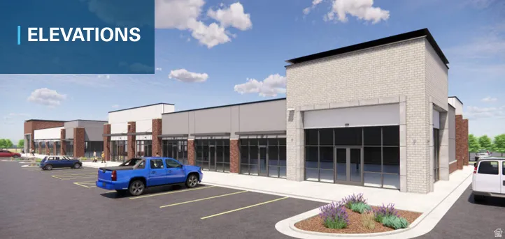 Modern commercial building with a brick facade, large storefront windows, dedicated parking, and integrated landscaping