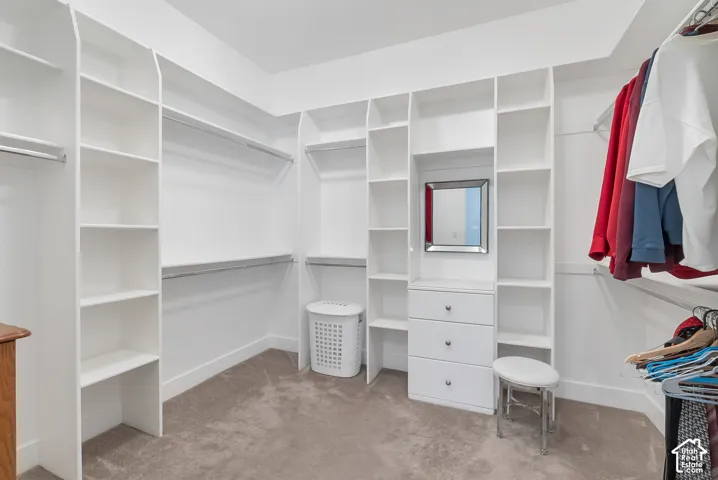 Custom closet system featuring extensive shelving and hanging rods