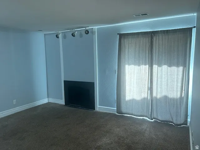 Track lighting, built-in fireplace, wall-to-wall carpeting, and light-filtering curtains