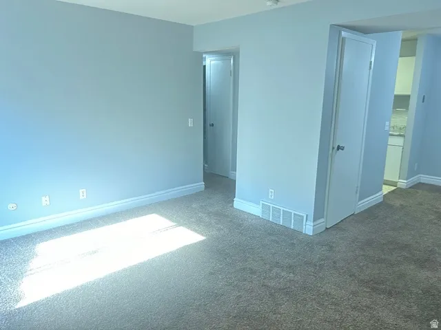 Plush grey carpeting, light blue wall paint, white trim, and a white interior door