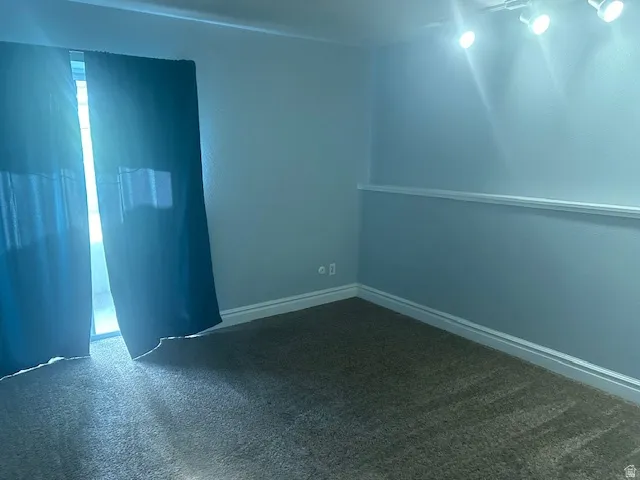 Textured walls with chair rail molding, track lighting, and soft carpet flooring