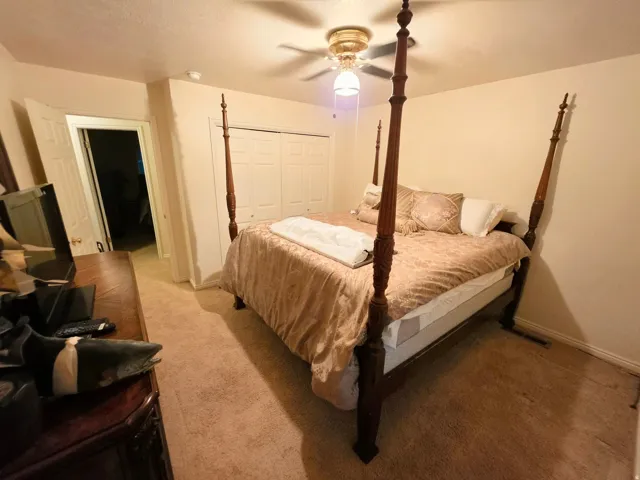 Ceiling fan light fixture, wall-to-wall carpeting, and bi-fold closet doors
