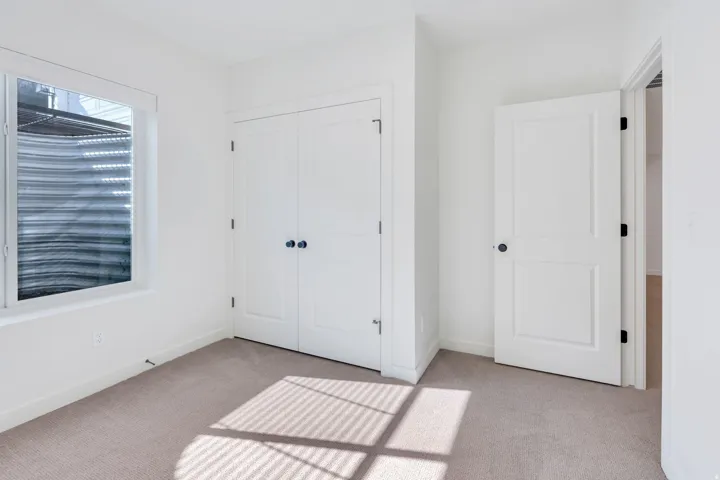 Neutral-toned carpeting, white walls, and a window with an external window well
