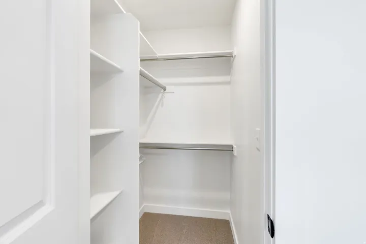 Walk-in closet featuring built-in shelving, chrome hanging rods, and neutral carpet