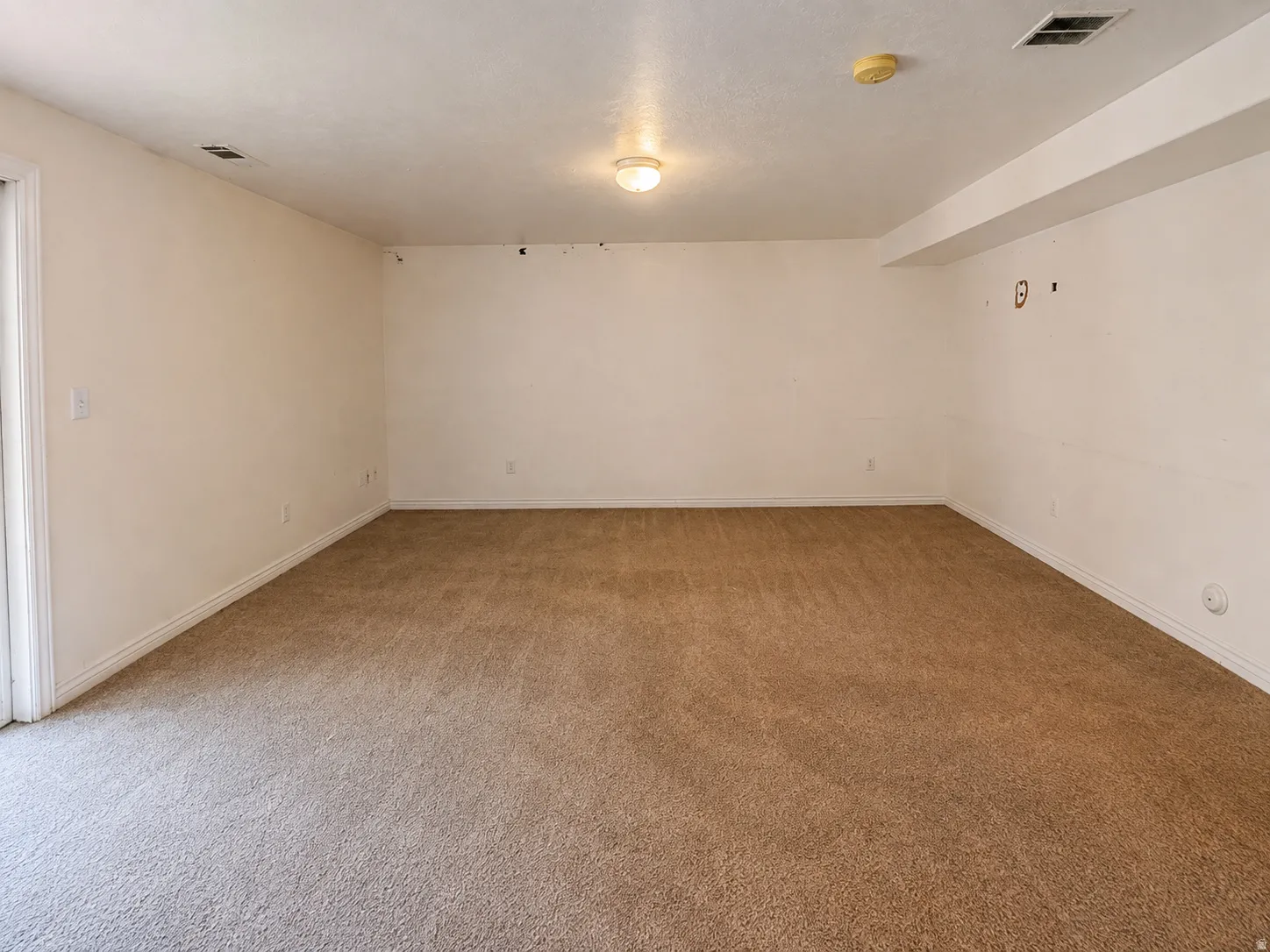 Carpeted room with a ceiling-mounted light fixture, white walls, and white trim
