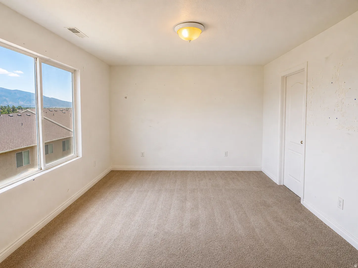 Neutral tone wall paint, light brown carpet flooring, large window, white door, and ceiling-mounted light fixture