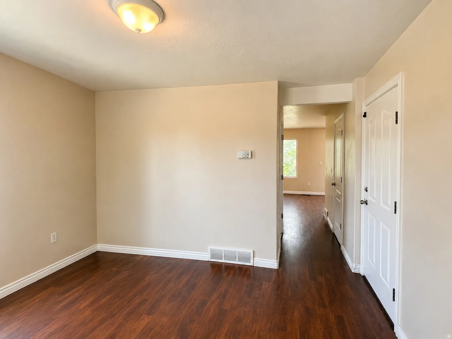 Wood-finish flooring throughout, neutral wall paint, and white trim