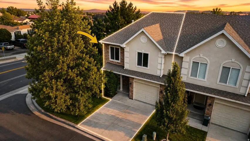 Stucco and stone facade with arched window accents, attached garage, and paved driveway