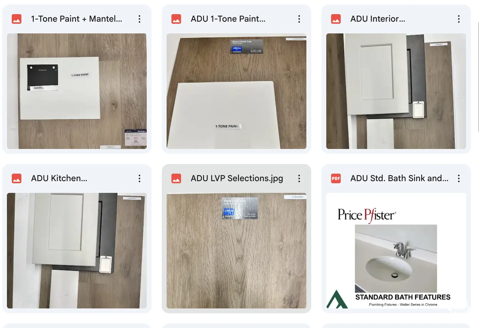 Image gallery showcasing various ADU (Accessory Dwelling Unit) material selections for the property