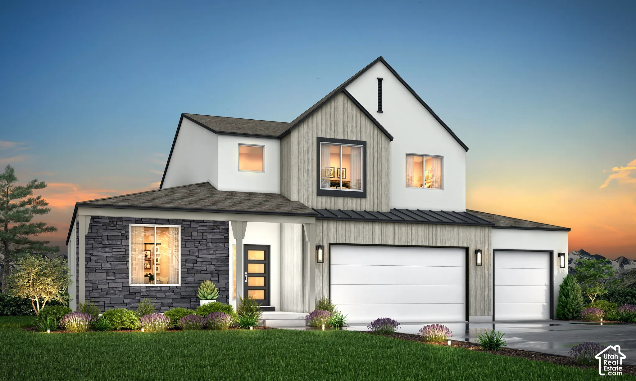 Modern exterior with white siding and dark stone veneer accents