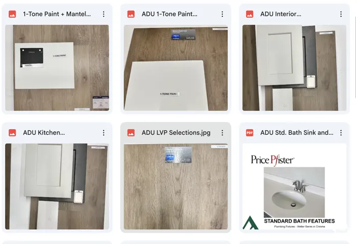 Image gallery showcasing various ADU (Accessory Dwelling Unit) material selections for the property